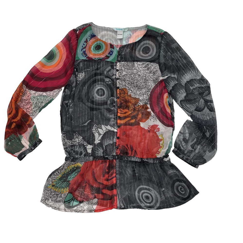 Desigual Small Colorful Patchwork Sheer Chiffon Tunic Blouse Boho Long Sleeve - Picture 2 of 11